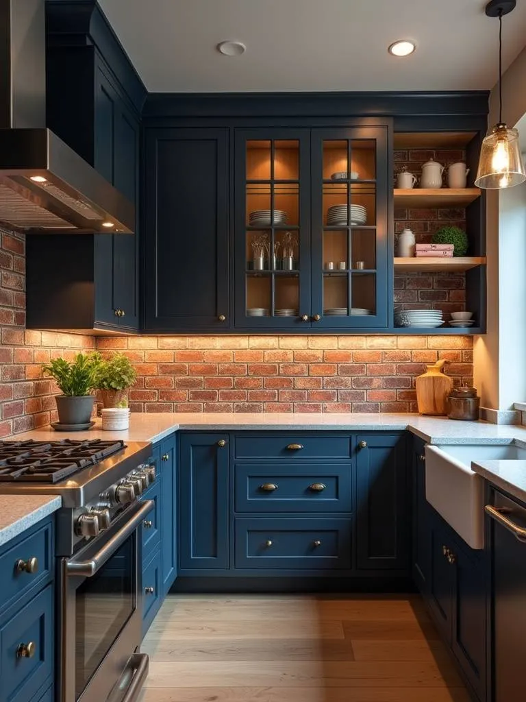 Modern eclectic kitchen featuring a unique brick veneer backsplash in a herringbone pattern