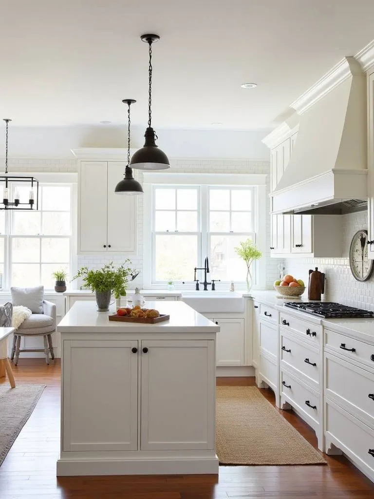 Elegant black and white farmhouse kitchen balanced with warm wood tones and vintage accents, demonstrating sophisticated contrast.