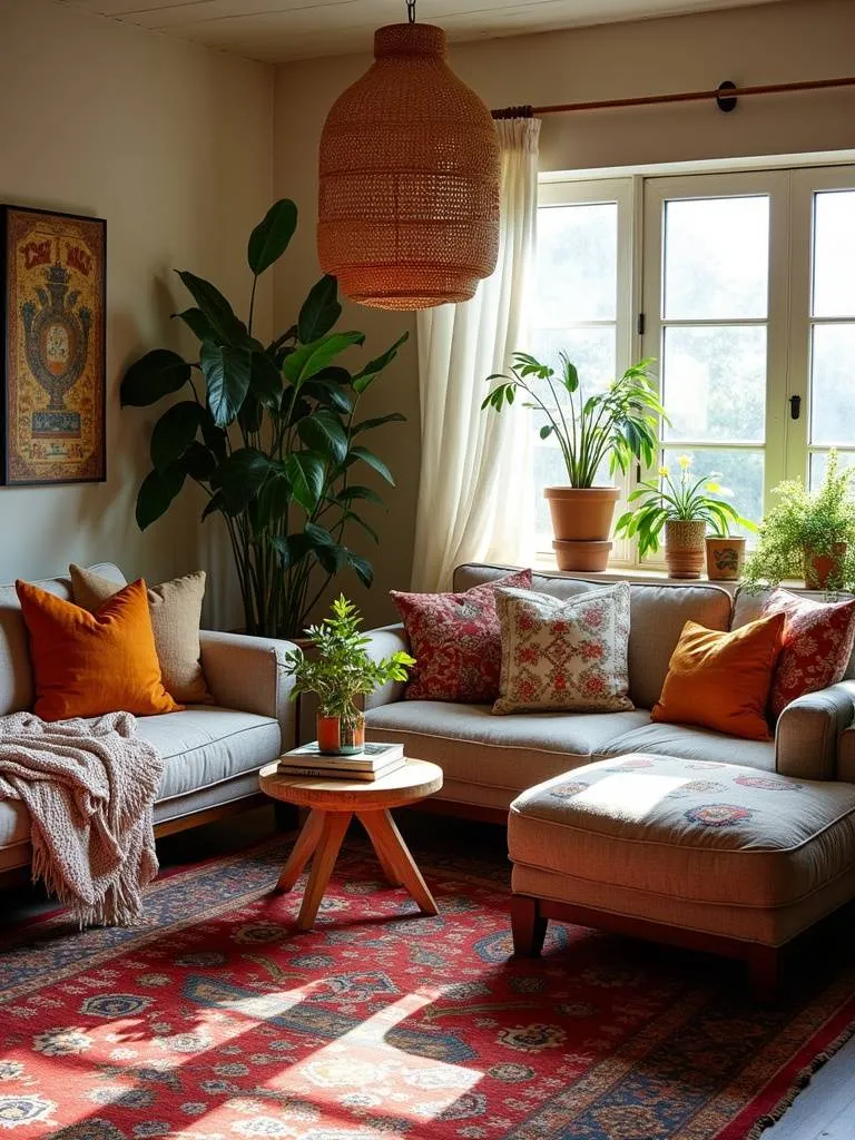 “Bohemian living room showcasing an eclectic mix of furniture, layered rugs, vibrant textiles, plants, and global decor, creating a relaxed, cozy, and personally expressive space.”