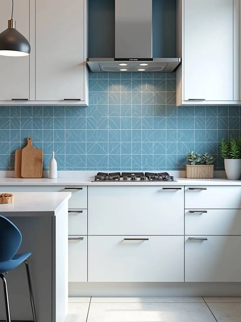Modern kitchen with a bold blue and white geometric-patterned tile backsplash