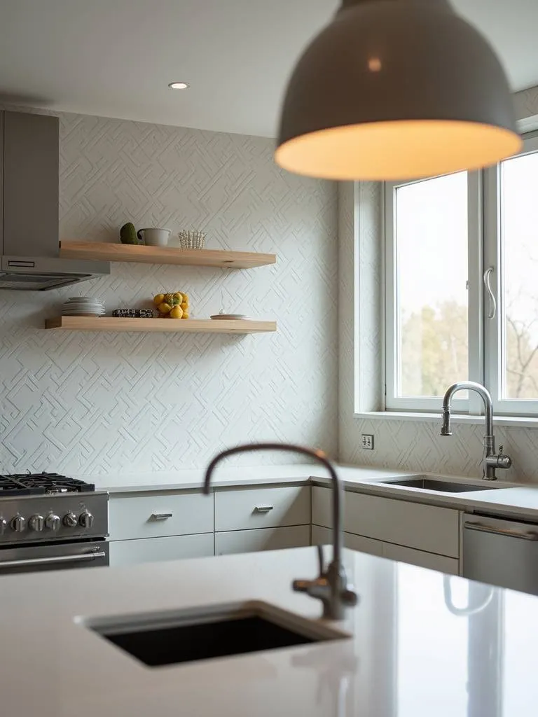 Contemporary kitchen backsplash with bold geometric patterned tiles