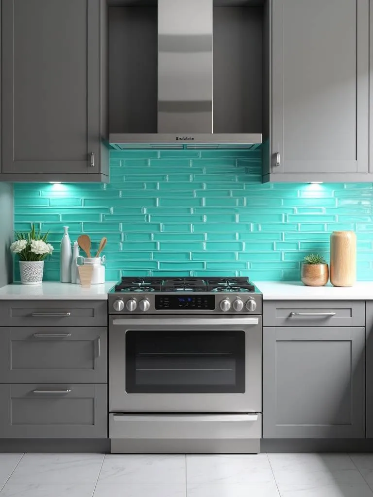 Modern kitchen with a bold turquoise ceramic tile backsplash and grey cabinets