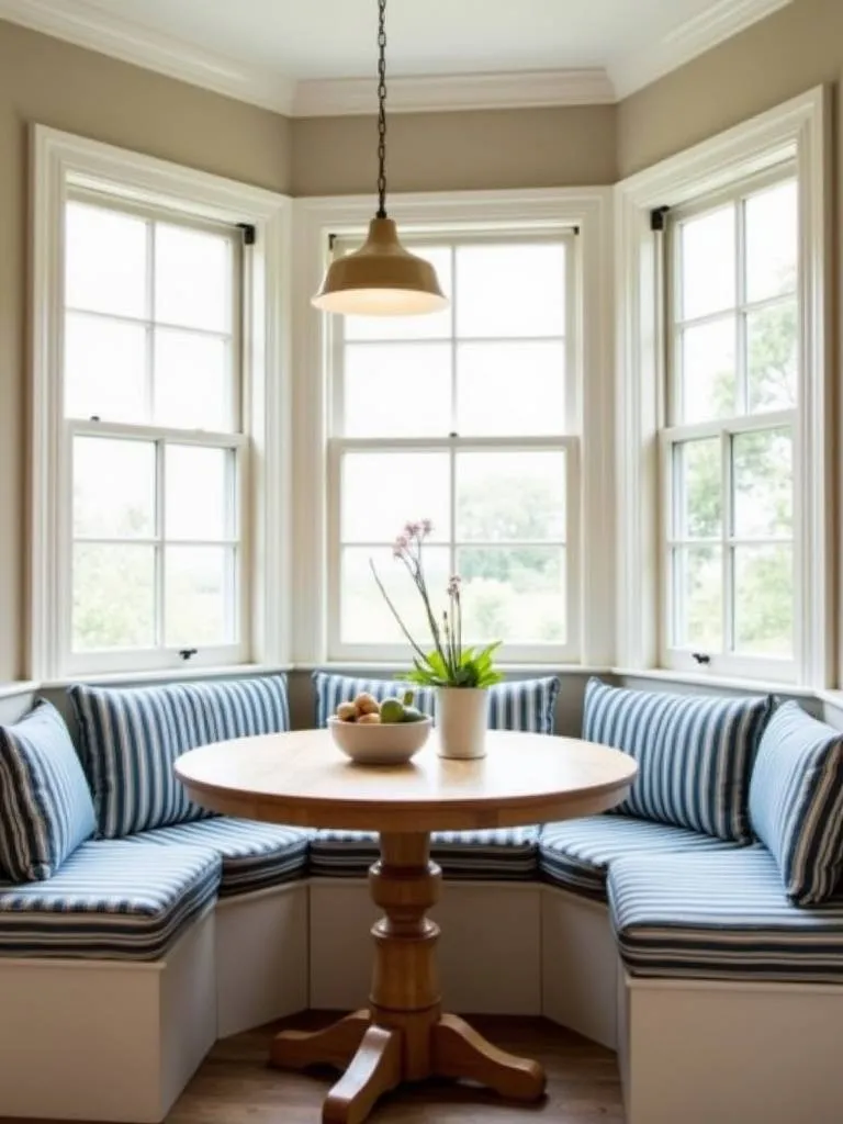 Sunny coastal kitchen breakfast nook with banquette seating and a round wood table.