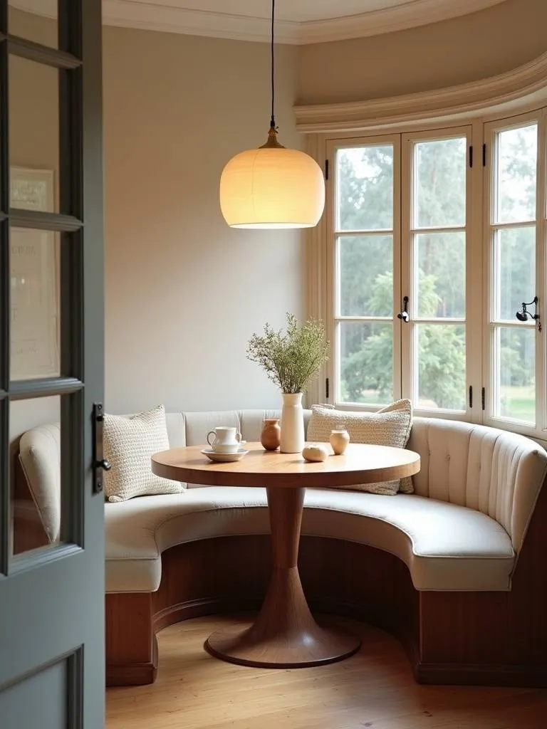 Cozy breakfast nook with soft pendant lighting.