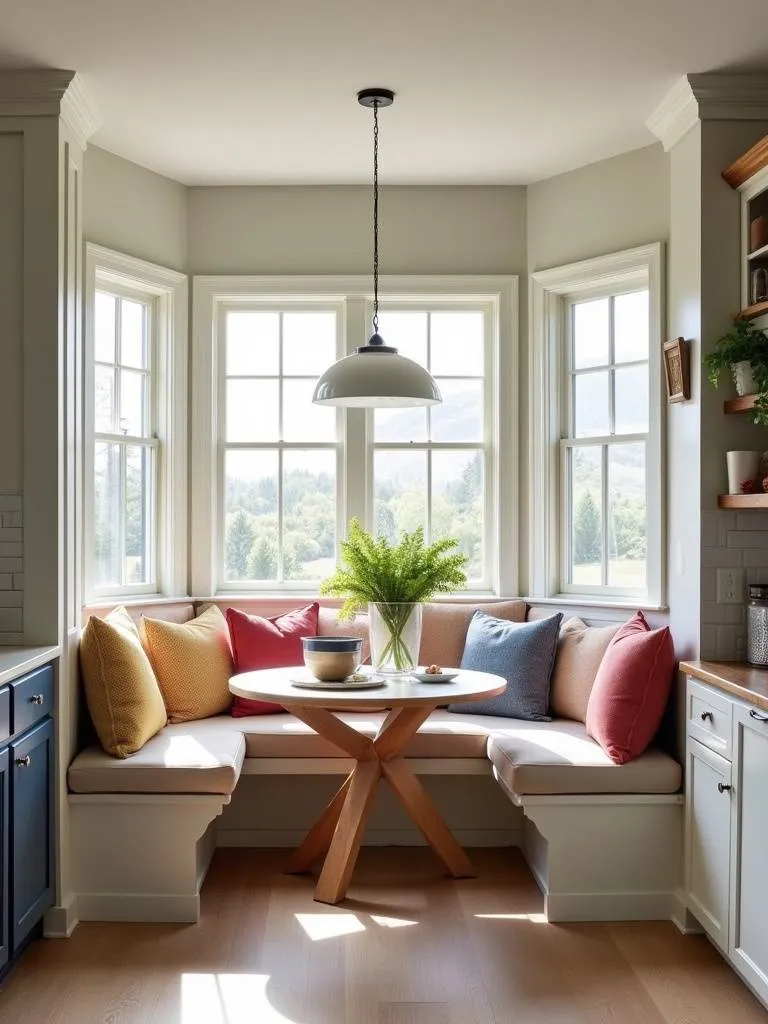 Modern kitchen with a comfortable breakfast nook featuring built-in banquette seating and colorful cushions