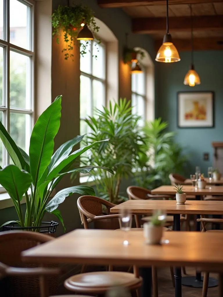 Potted plants add a natural touch to a well-lit dining room.