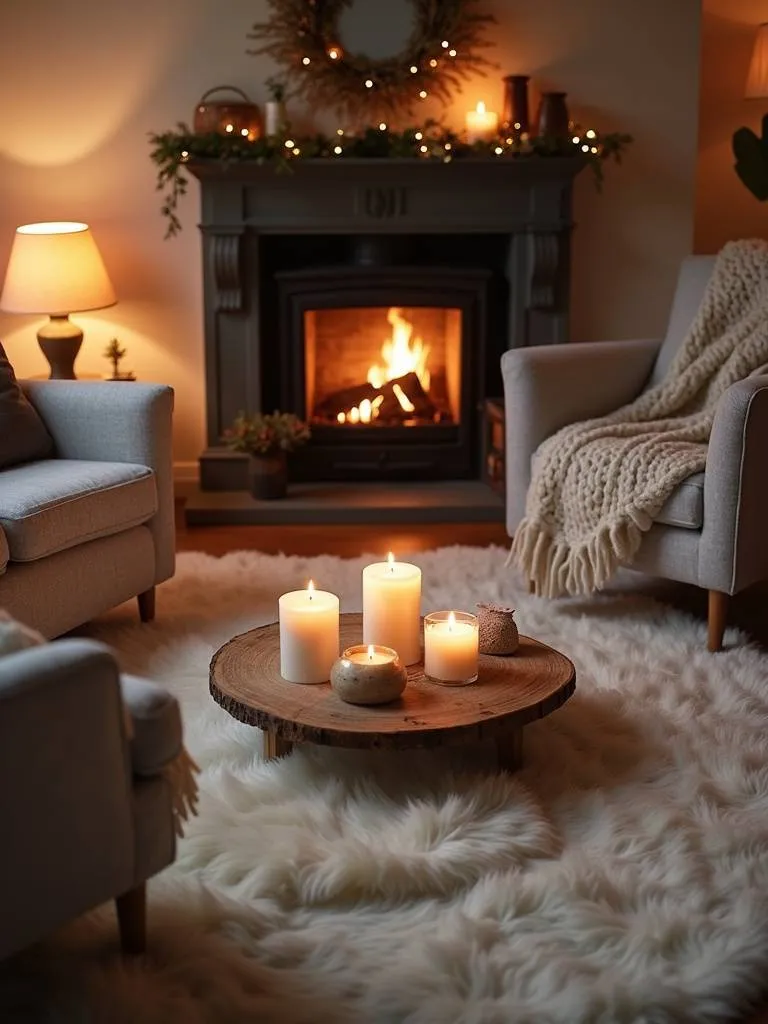 “Scandinavian hygge living room with sheepskin rug, chunky knit throws, candles, and warm lighting, creating a cozy and inviting atmosphere.”