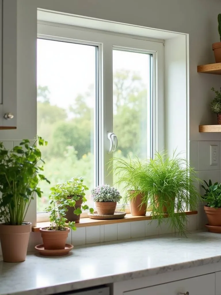 Coastal kitchen windowsill decorated with potted succulents and herbs.