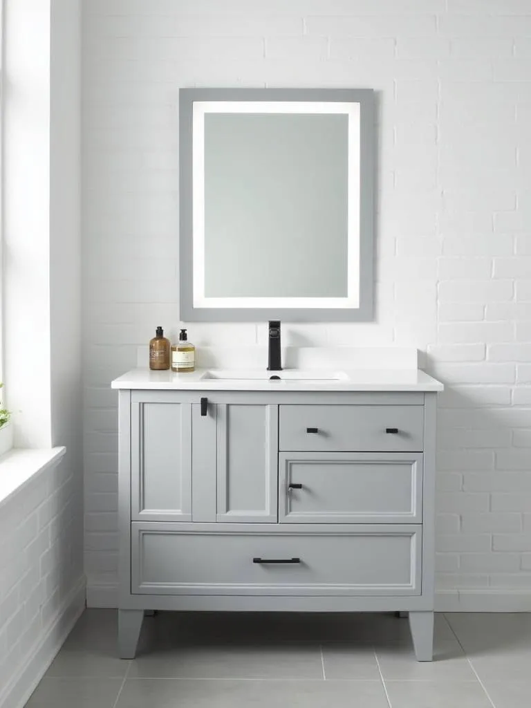 “An affordable light grey vanity with a white countertop in a small, modern bathroom.”