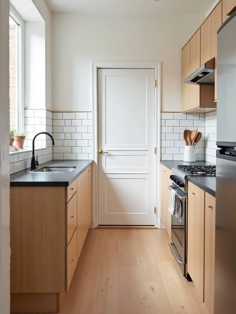 Small budget-friendly kitchen with a white ceramic tile backsplash and light oak cabinets