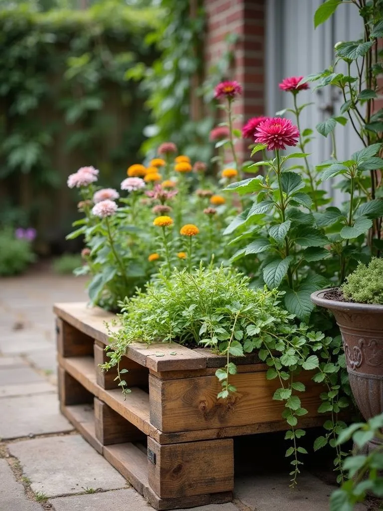 Rustic patio featuring a DIY pallet planter overflowing with plants, adding a charming and upcycled element to the outdoor space.
