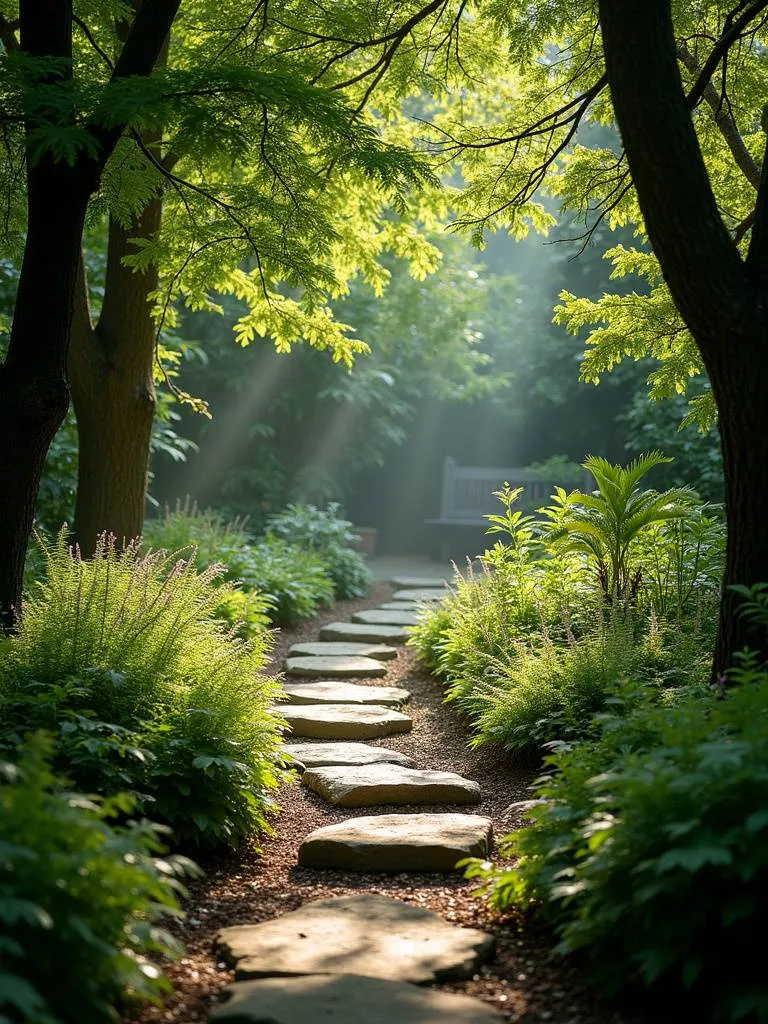 A secret garden pathway winding through lush greenery with stone stepping stones and a hidden bench at the end.