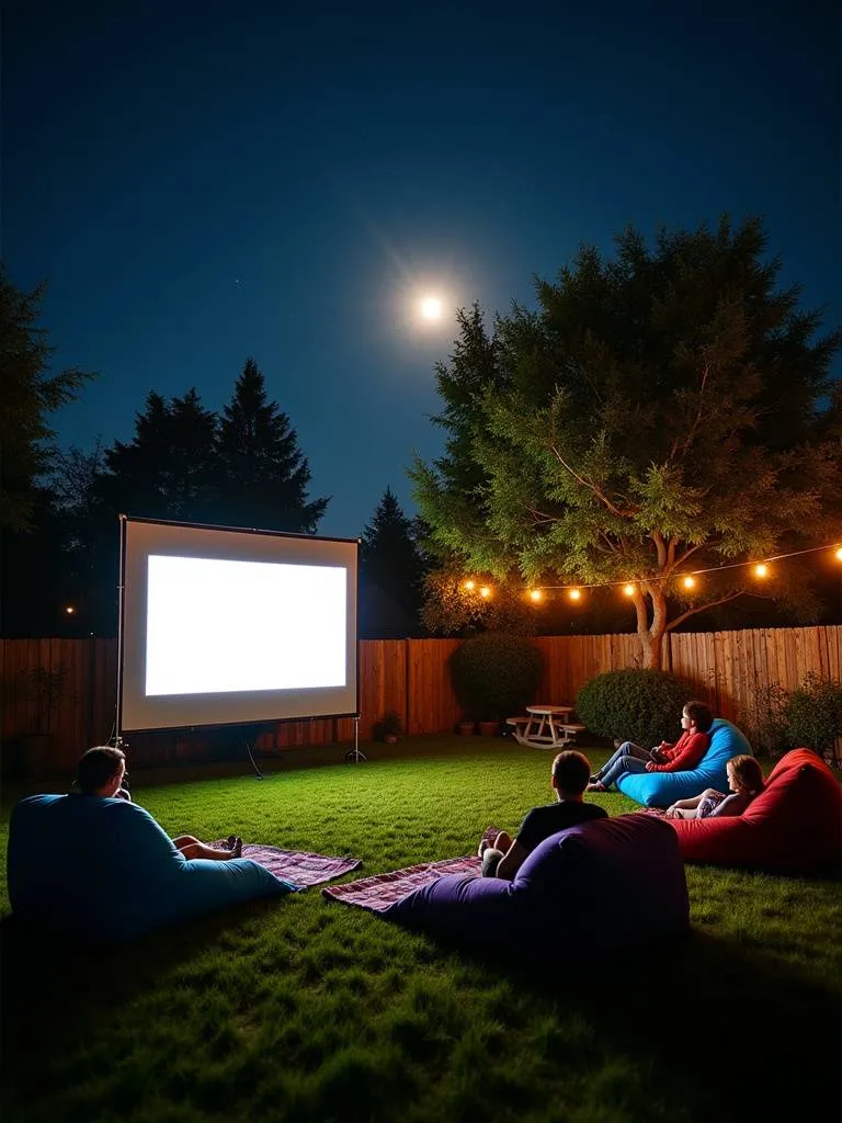 An outdoor movie oasis with a projector screen and cozy seating under string lights in a backyard at night.