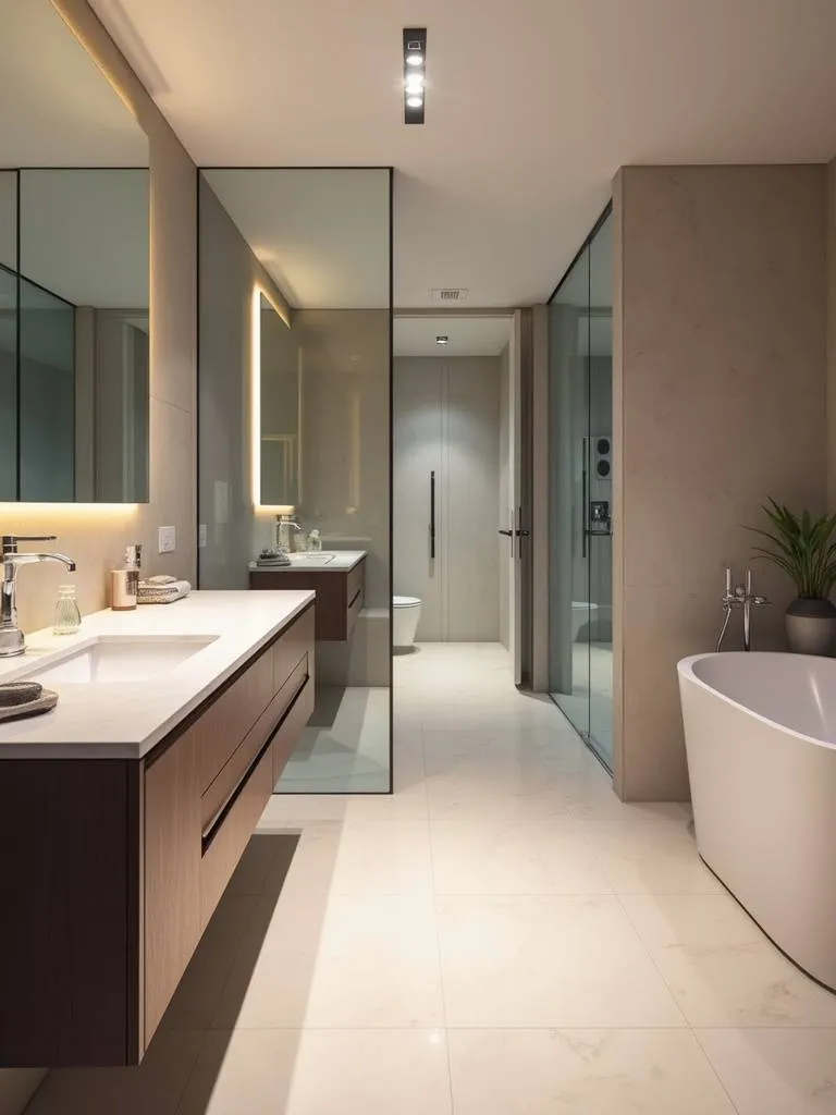 Flush mounted built-in Bluetooth speakers in a modern bathroom.