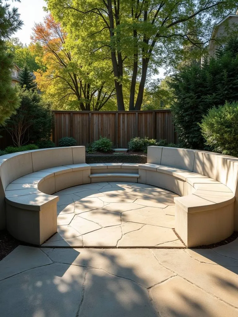 A patio with custom built-in concrete bench and outdoor seating.