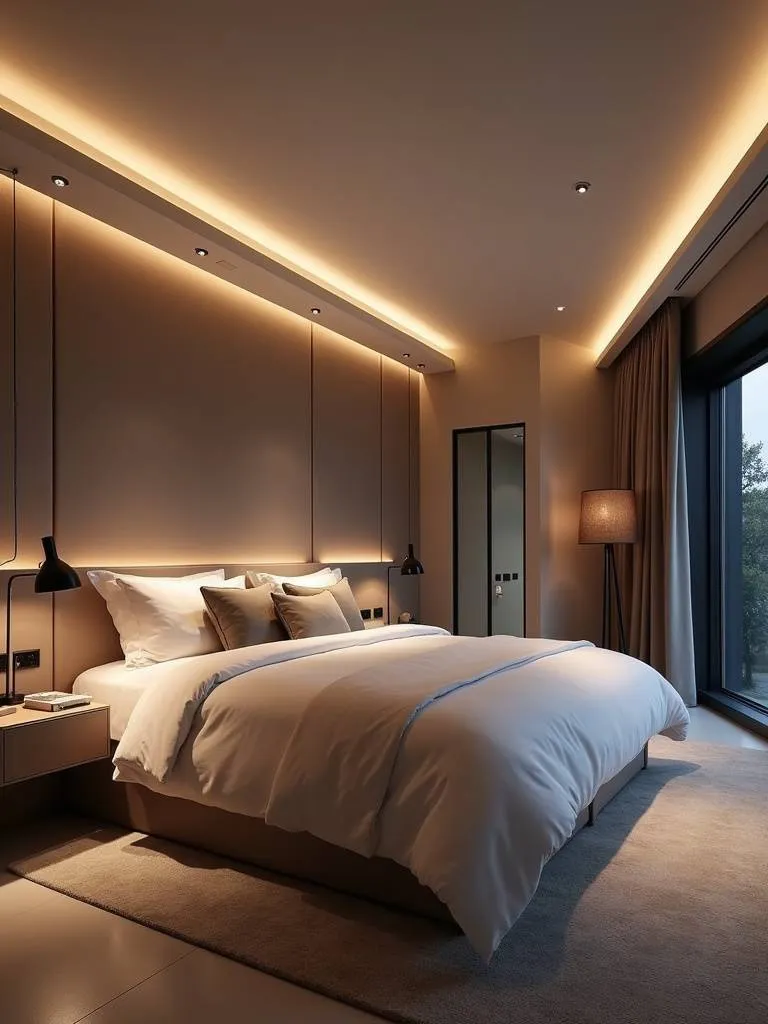 Elegant luxury bedroom with a discreetly integrated built-in sound system in the ceiling.