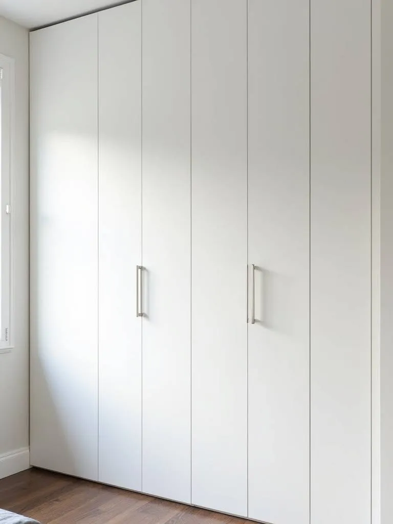 Modern bedroom featuring seamless white built-in wardrobes integrated into the wall for streamlined storage.