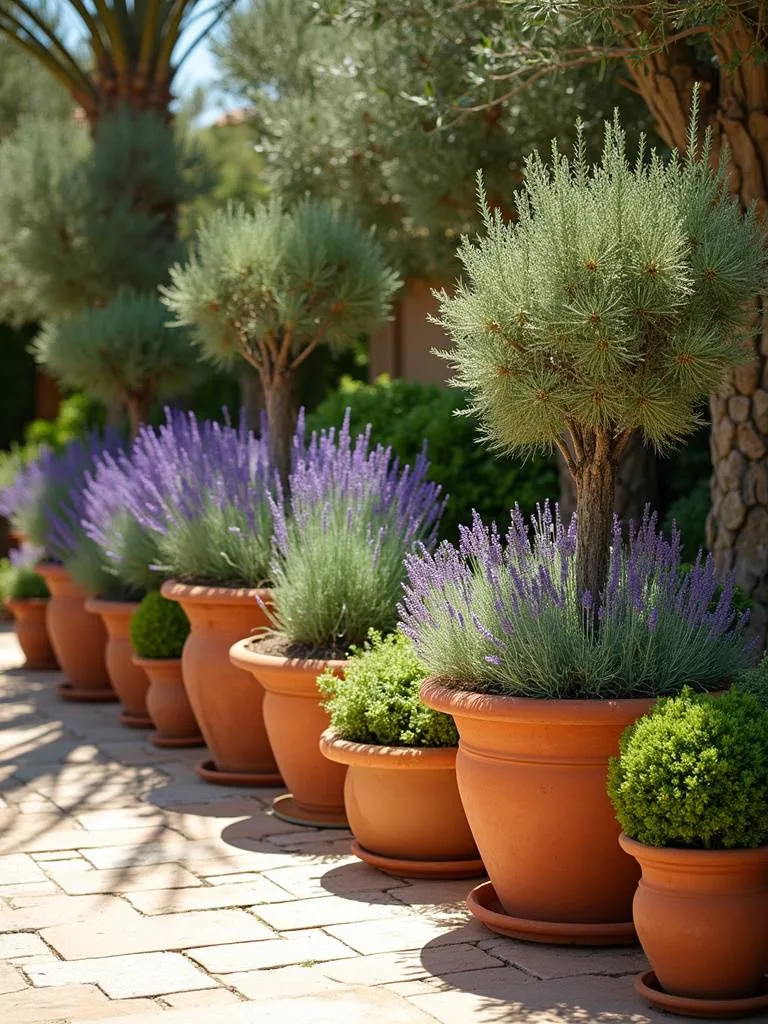 Mediterranean patio garden featuring terracotta pots filled with drought-tolerant plants like lavender, rosemary, and olive trees, creating a warm and earthy outdoor space.
