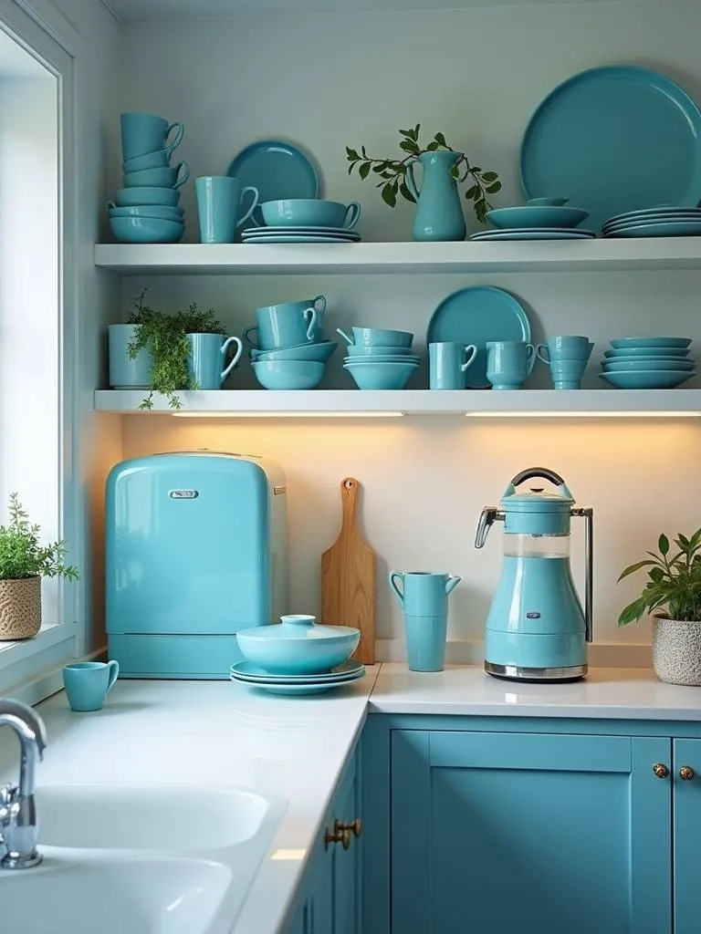 A modern kitchen featuring various cerulean blue decor accents.