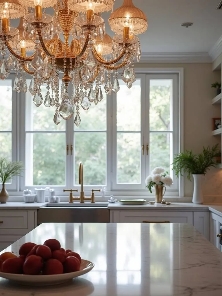 Luxury modern kitchen featuring a crystal chandelier above an island.