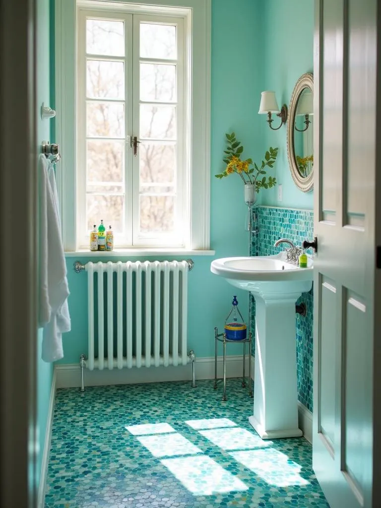 Vibrant bathroom with blue and green glass mosaic tile floor and bright natural light.