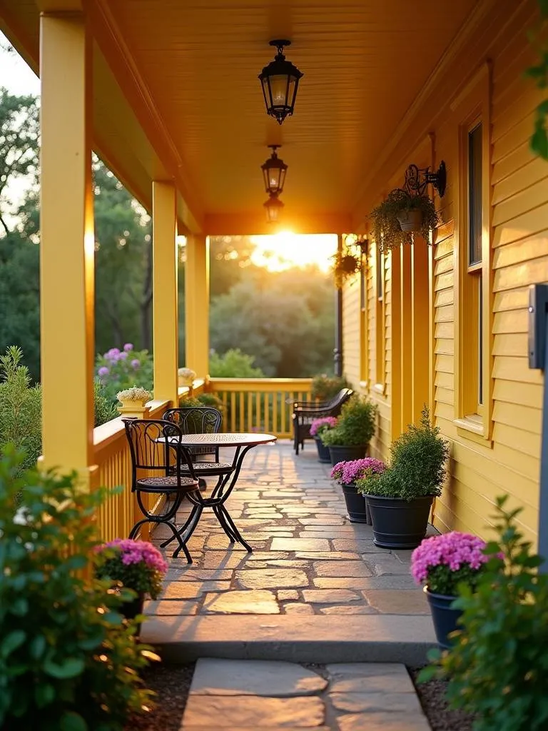 Cheerful yellow porch with bistro set