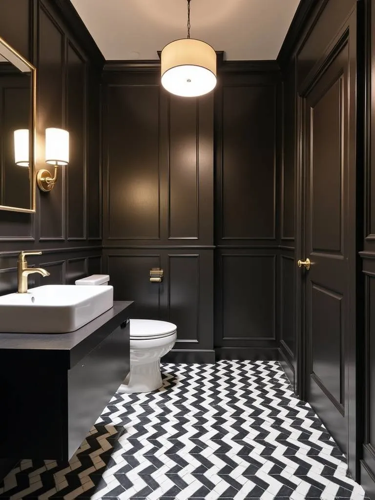 Stylish powder room with a striking black and white chevron tile floor, creating a bold and energetic design.