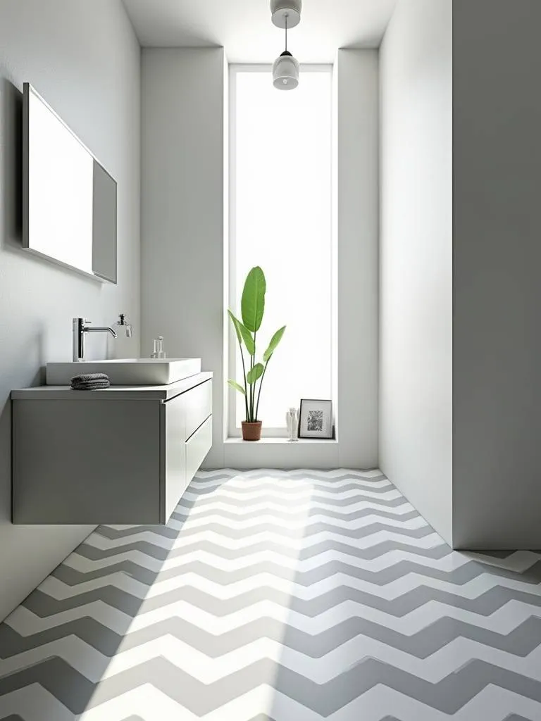 Modern bathroom with light grey and white chevron tile floor and floating vanity.