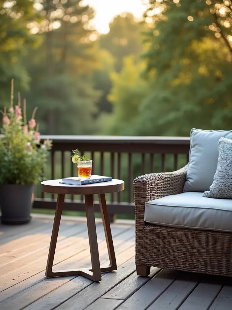 Deck seating area with a chic side table next to a lounge chair, holding a drink and a book, providing convenient and stylish functionality.