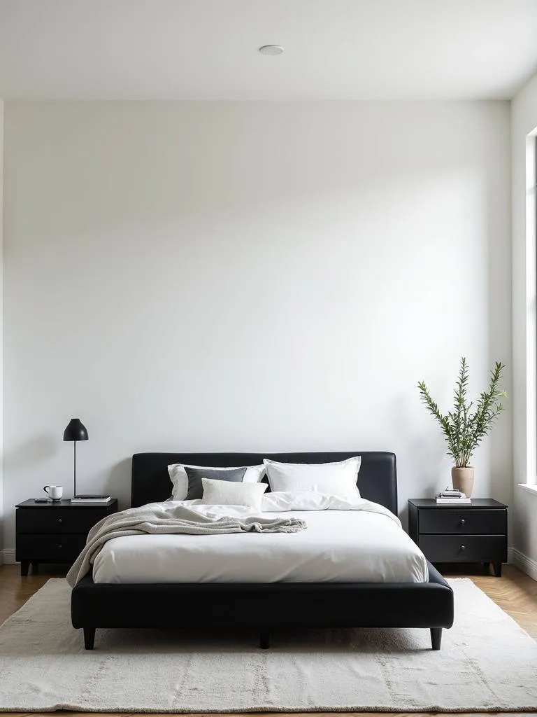 Minimalist bedroom design featuring black furniture with clean lines against white walls, bathed in natural daylight.