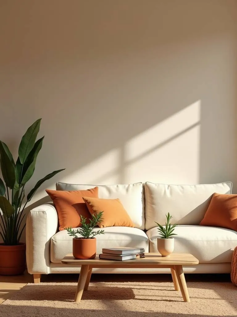 “Living room with a warm neutral color palette featuring beige walls, cream sofa, and earthy-toned accents, creating a welcoming and calming atmosphere.”