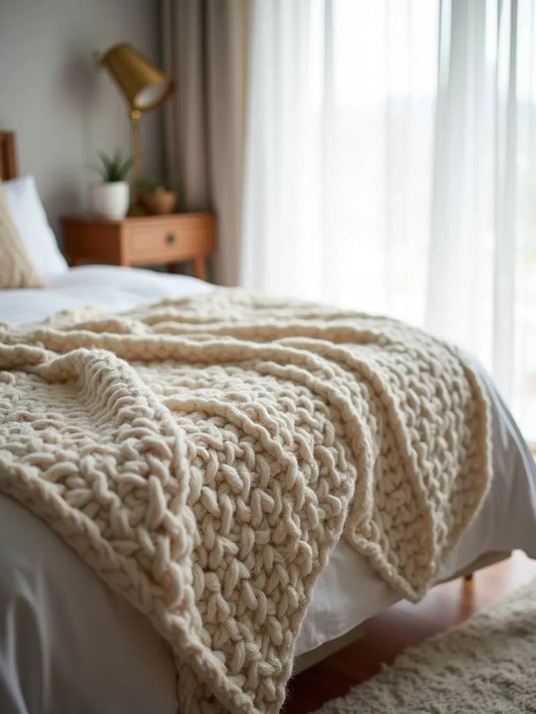A cozy bedroom scene featuring a white linen bed with a chunky knit throw blanket draped over it, bathed in soft natural light