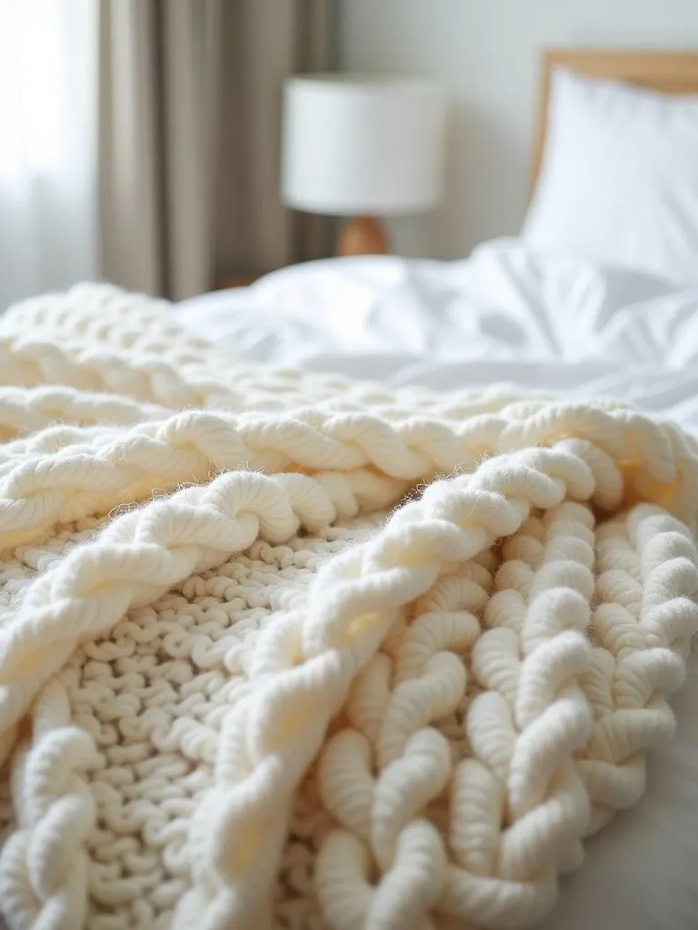 Close-up of a chunky knit cream-colored throw blanket draped on a modern bed, adding texture and warmth.