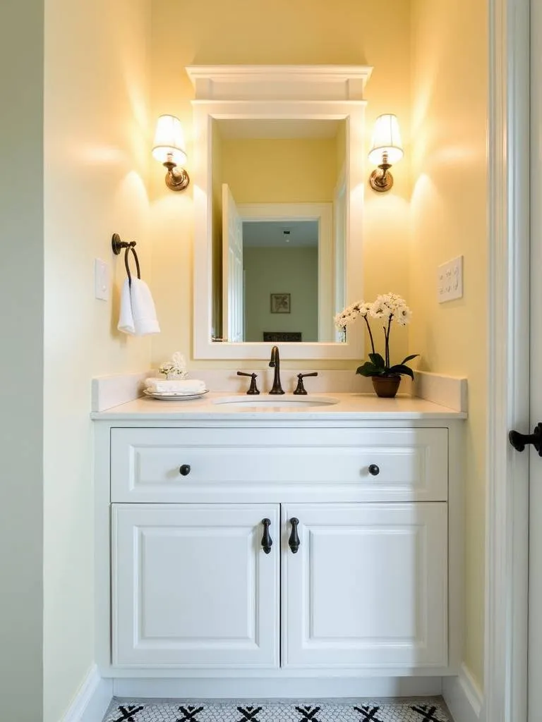 “A classic white shaker-style cabinet vanity provides timeless storage in a small bathroom.”