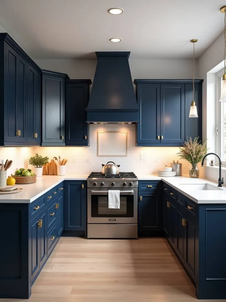 A modern kitchen with classic navy blue cabinets.