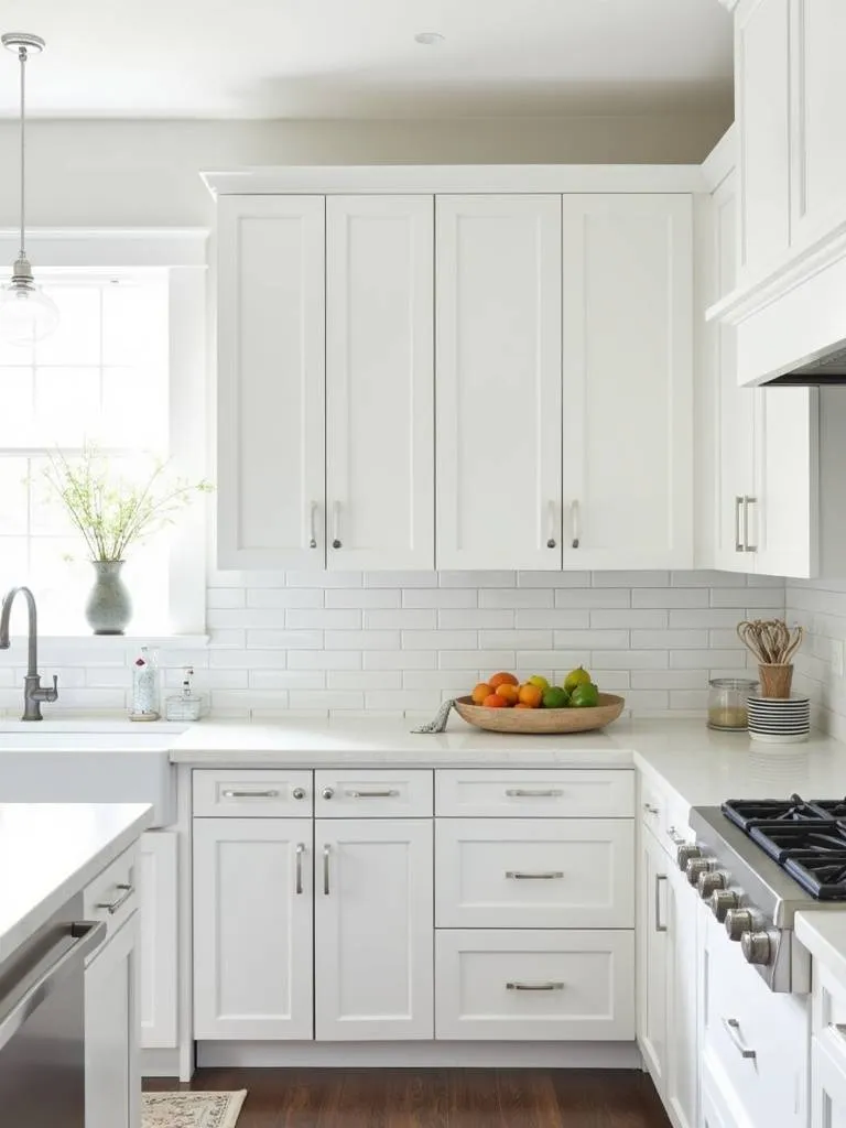 Bright white kitchen with classic white subway tile backsplash and shaker cabinets