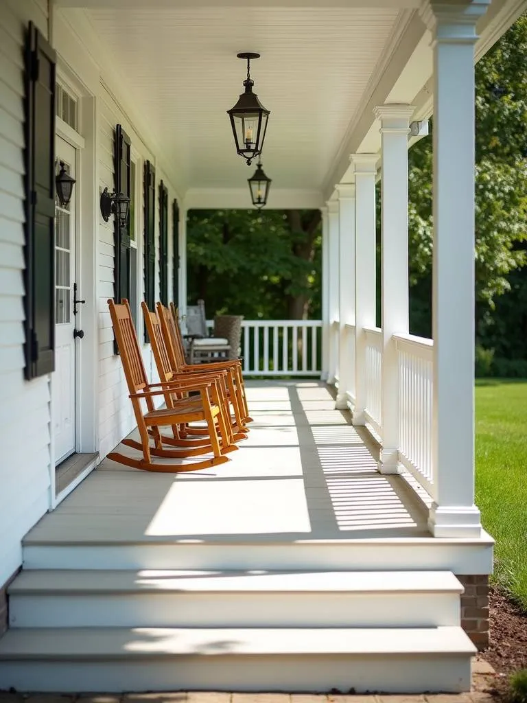 A classic white porch with wood rocking chairs