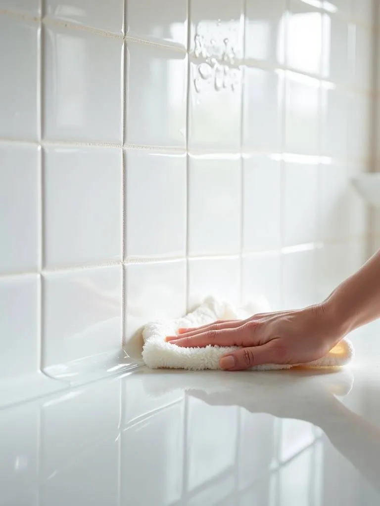 Close-up of a white ceramic tile backsplash being wiped clean, highlighting its easy-to-clean surface