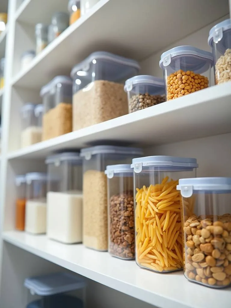 Clear airtight food containers on a pantry shelf, storing various pantry staples and keeping them fresh.