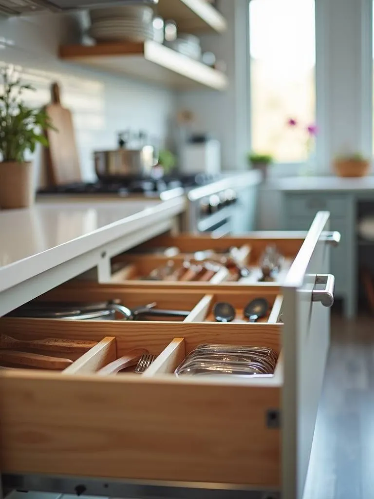 Contemporary kitchen drawer with organized dividers and neatly arranged utensils