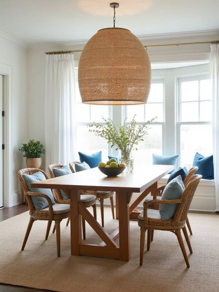 Coastal dining room featuring a large rattan pendant light fixture above a light oak table