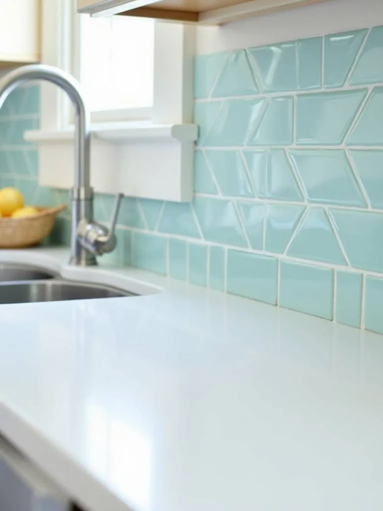 Close-up of a light blue glass subway tile backsplash in a coastal kitchen.