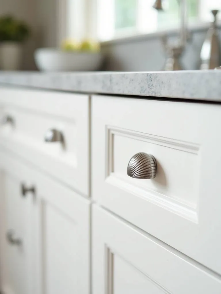 Close-up of a seashell-shaped drawer pull on a coastal kitchen cabinet.