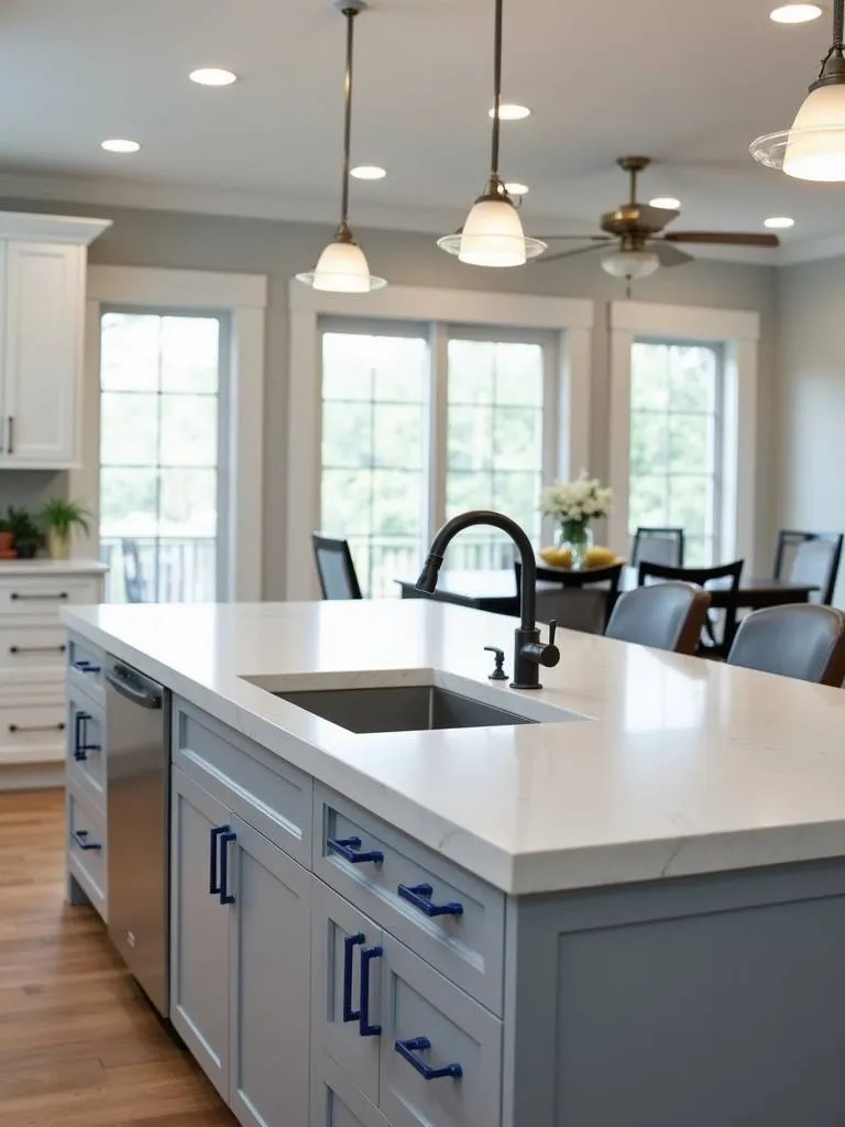 Close up of a kitchen island with cobalt blue hardware.