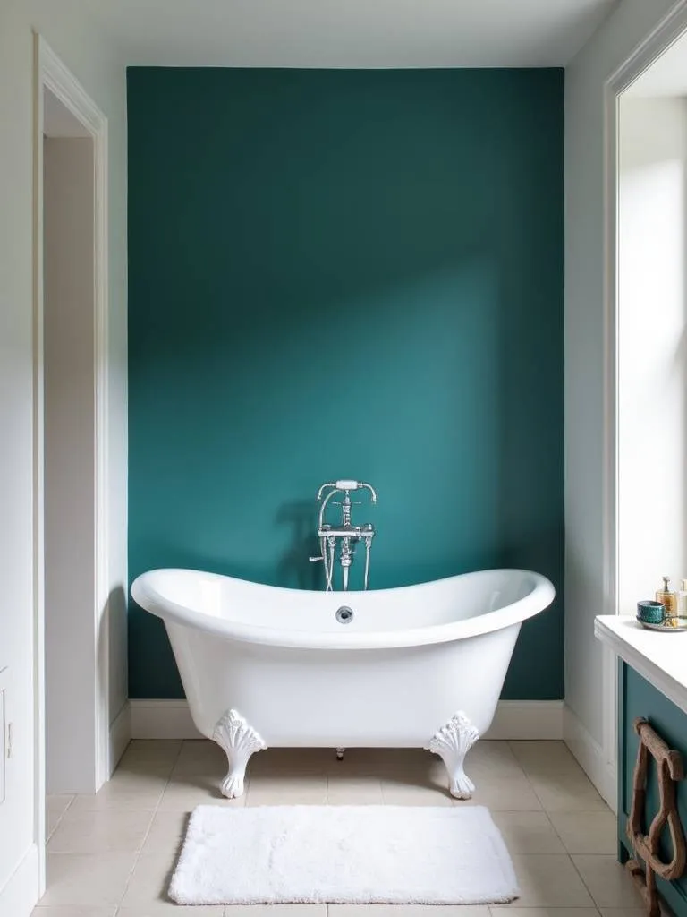 Bathroom with a deep teal accent wall behind a white freestanding bathtub