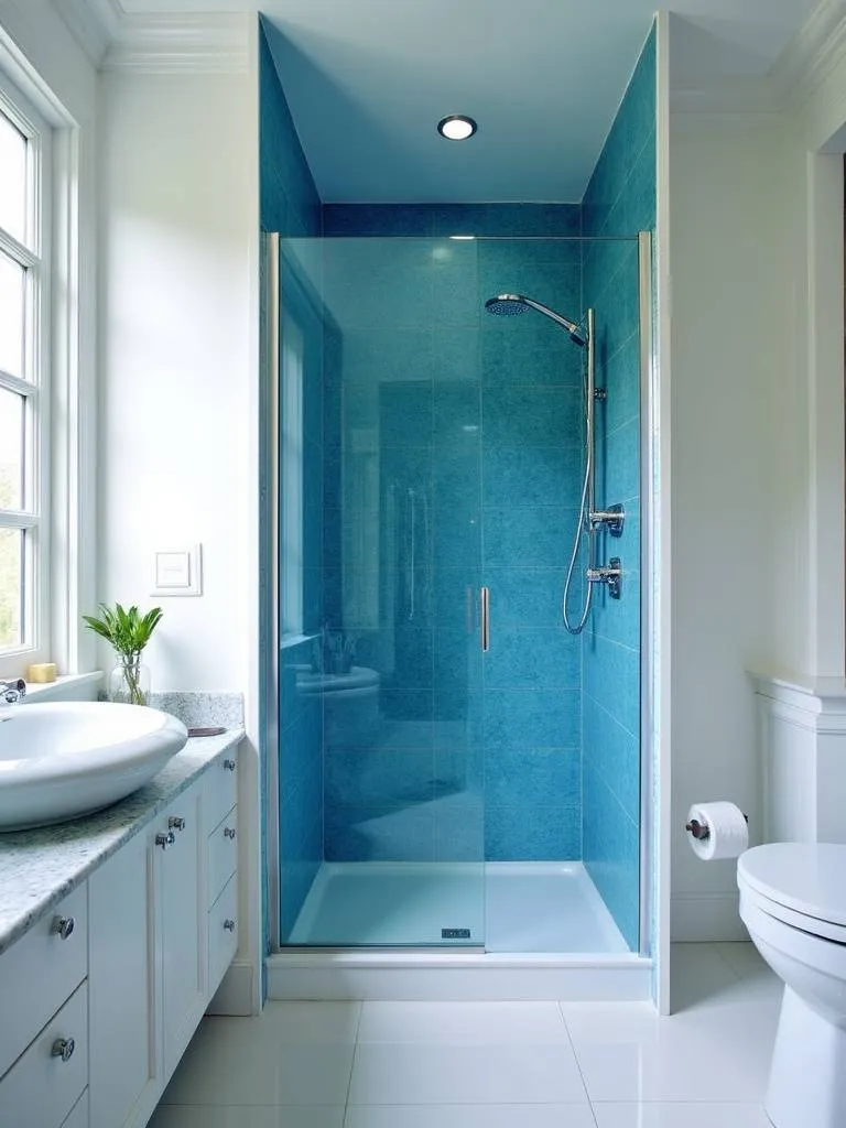 Modern bathroom with a vibrant blue tile accent wall in the shower, injecting a bold pop of color and personality.