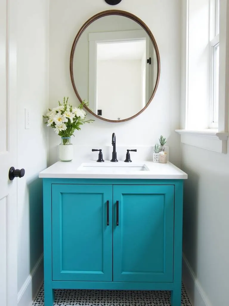 “A bright teal blue vanity adds a pop of color and personality to a small bathroom.”