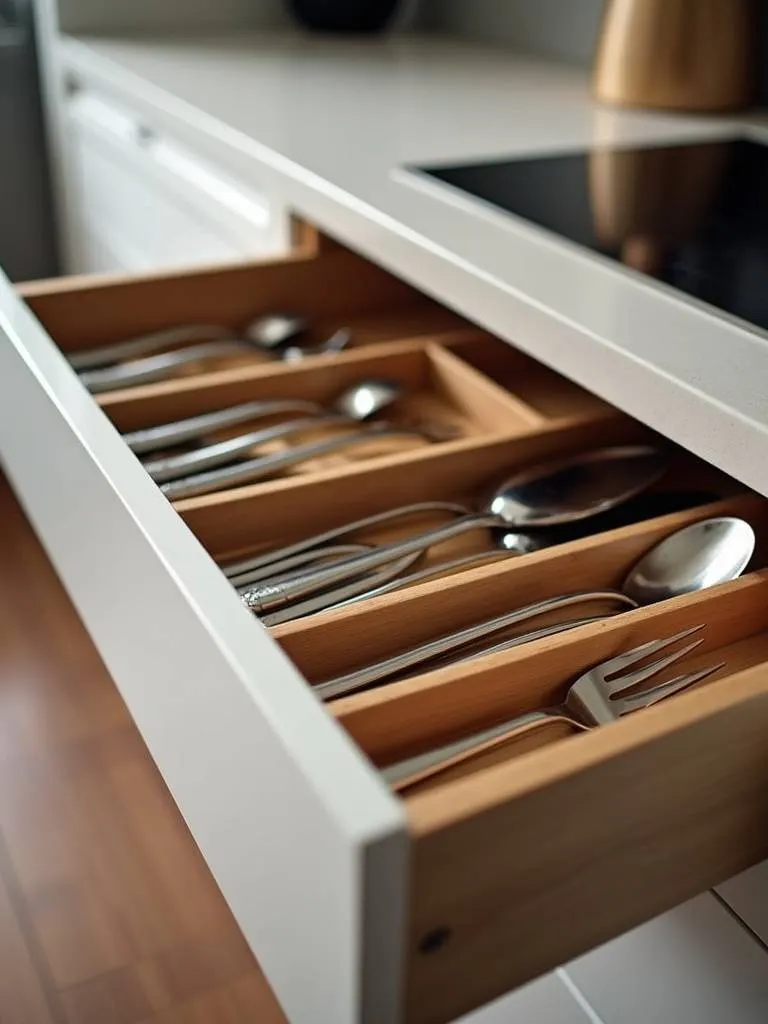 Apartment kitchen drawer neatly organized with drawer dividers for utensils and cutlery.
