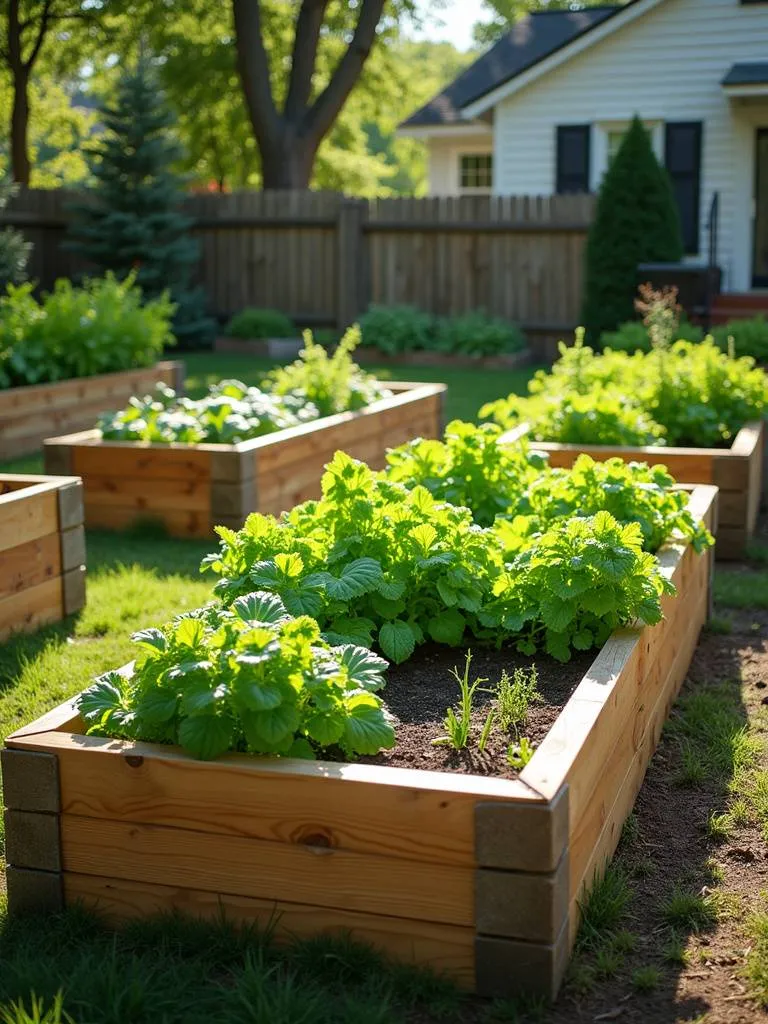 Backyard vegetable garden using raised wooden beds.