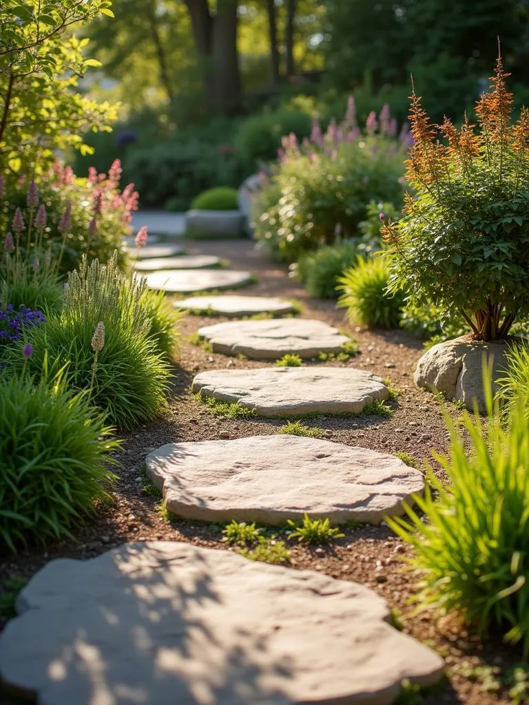 A backyard stone pathway winding through greenery.